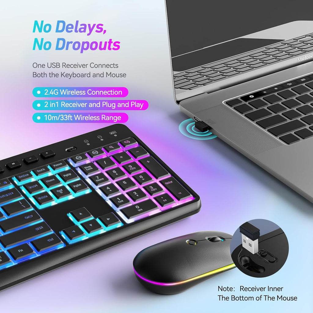 Rechargeable Silent Wireless Keyboard & Mouse Combo - 106 Keys, RGB Backlight