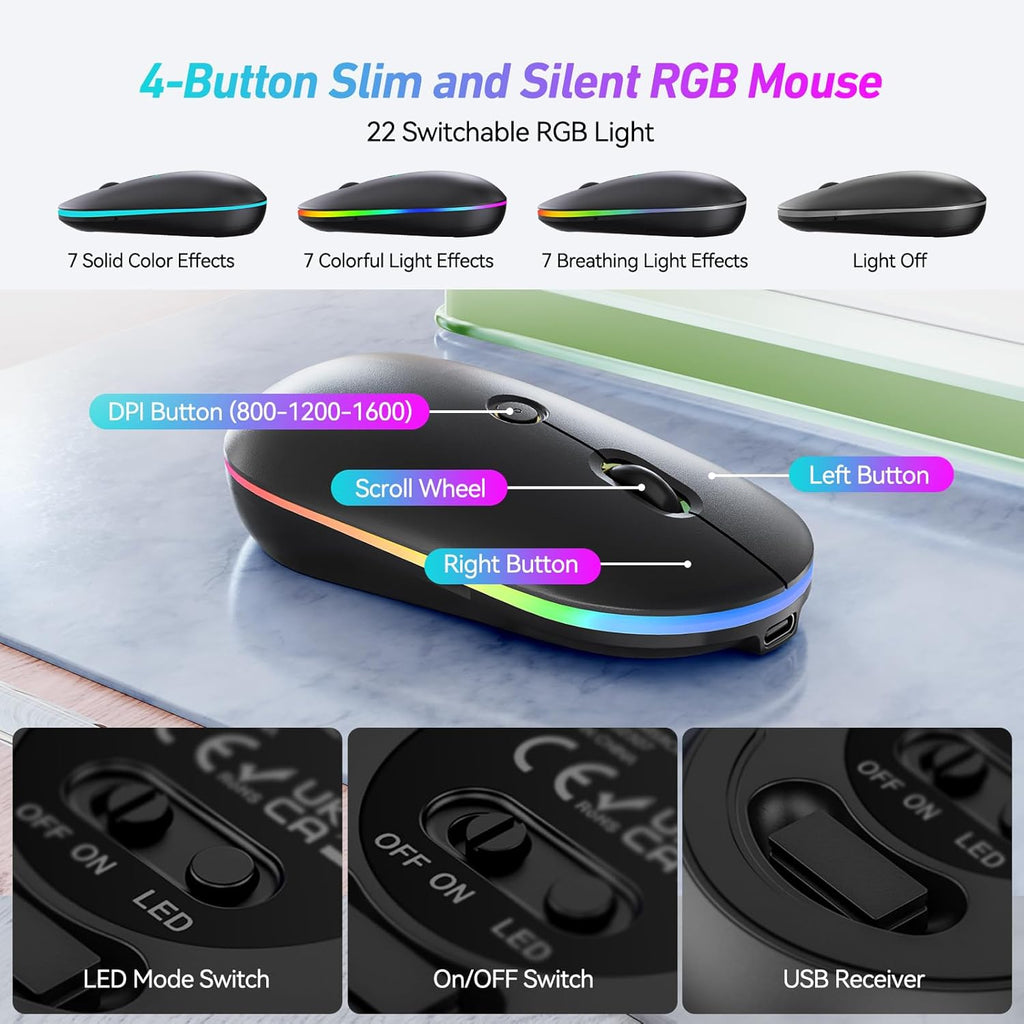 Rechargeable Silent Wireless Keyboard & Mouse Combo - 106 Keys, RGB Backlight