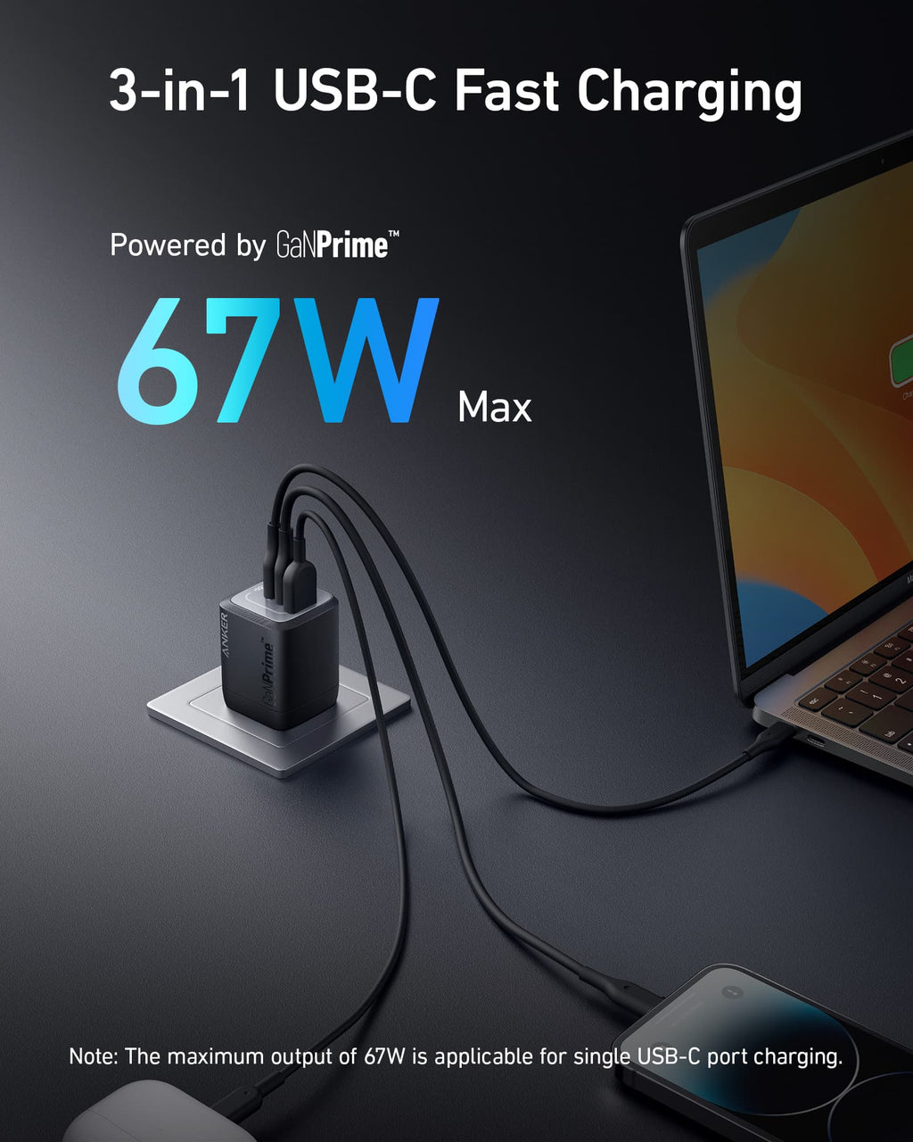 Anker Prime 67W GaN wall charger with 3 ports, view 2