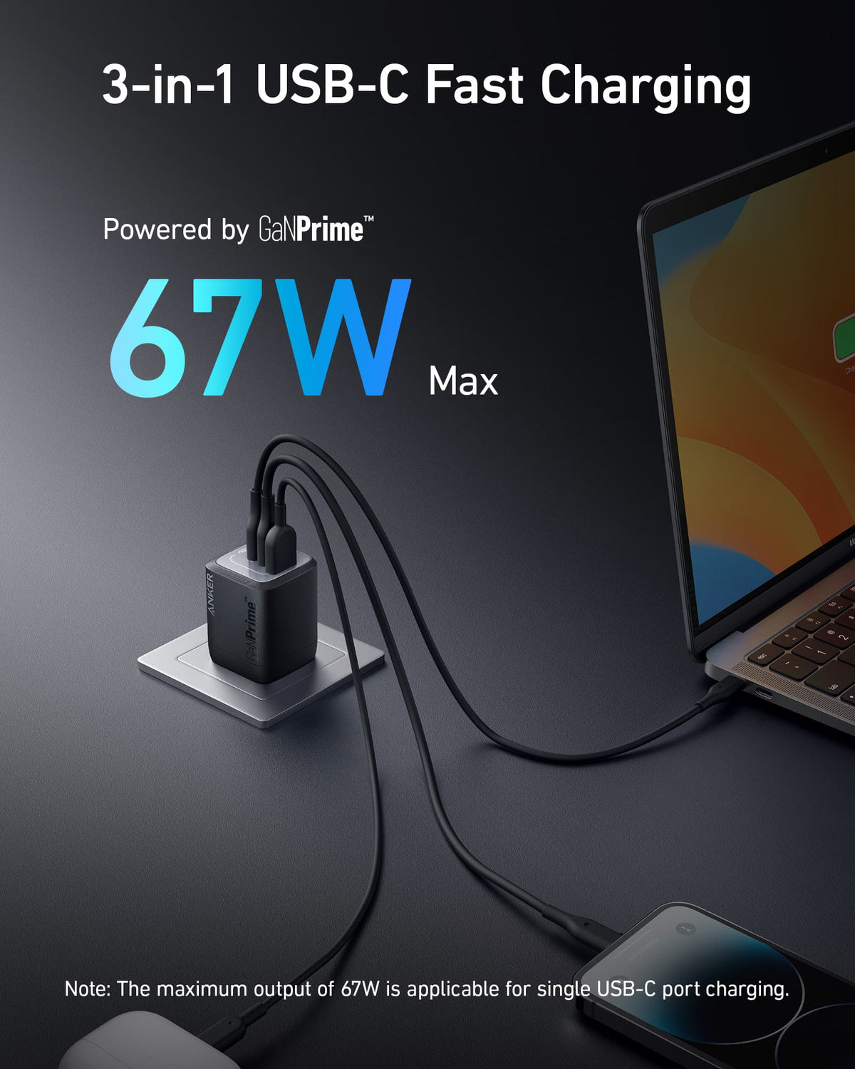 Anker Prime 67W GaN wall charger with 3 ports, view 2