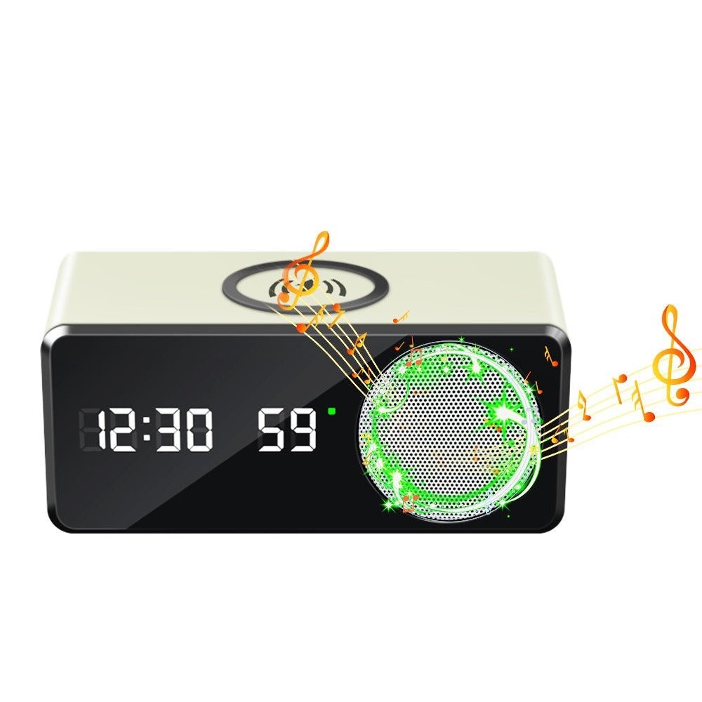 Clock speaker with wireless charging pad, view 2